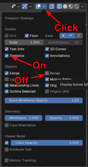 Get more visual space by turning off the bone visuals and turning on the statistics to see triangle count.