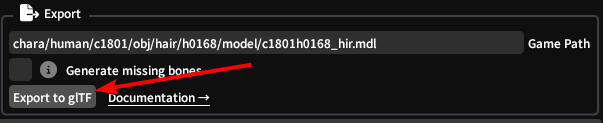 Export the selected file to glTF. We're not doing anything advanced so no need to generate missing bones.