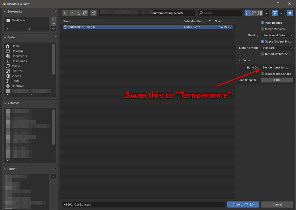 Import as glTF in Blender. Make sure to switch to "Temperance".