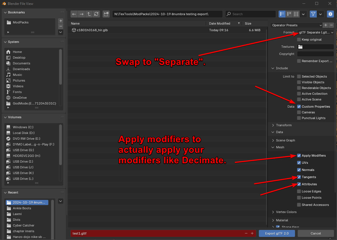 Export from Blender as glTF.https://github.com/xivdev/Penumbra/wiki/Model-IO#import For exact settings to use. We don&#39;t really do anything with attributes here unless you&#39;re doing for example a sho