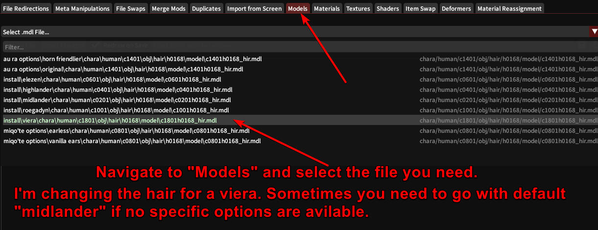 Pick the file you need. In this case I am editing a hair for my Viera but if no specific options exist, the default will be a "Midlander" or "0201" for female, "0101" for male.